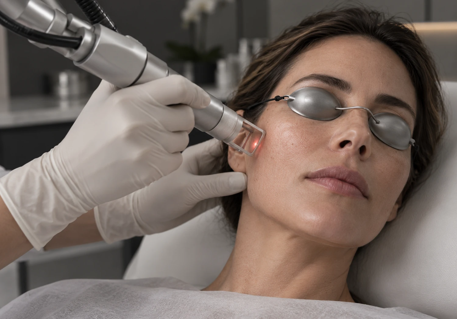 Aplicación de tratamiento láser facial en consultorio médico