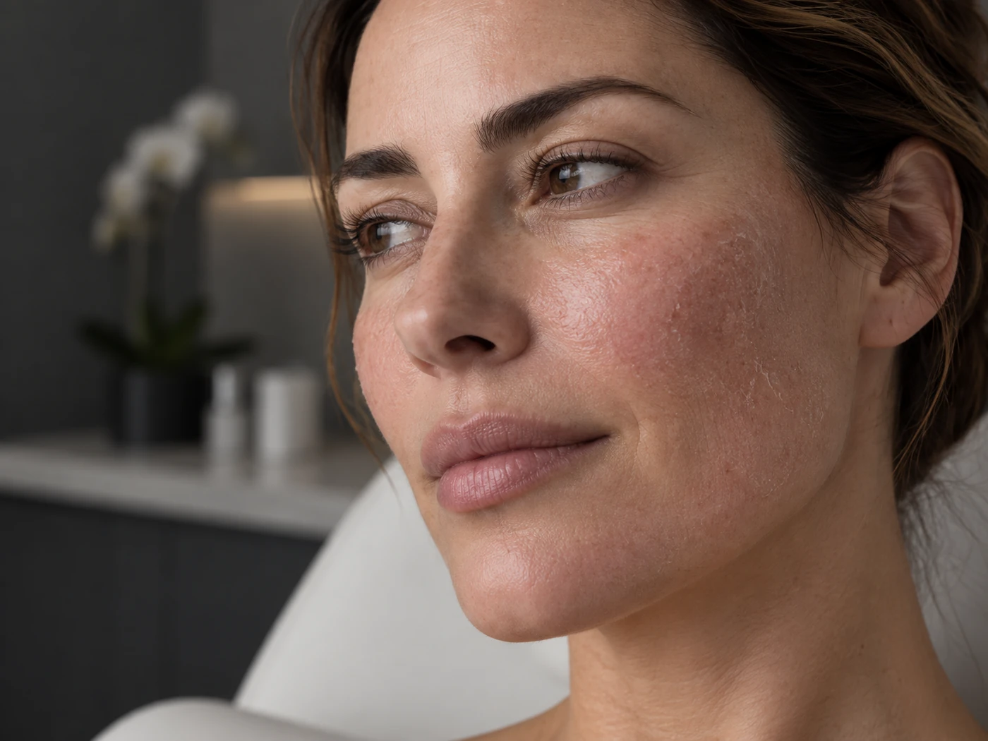 Piel facial ligeramente rosada durante recuperación de tratamiento cutáneo
