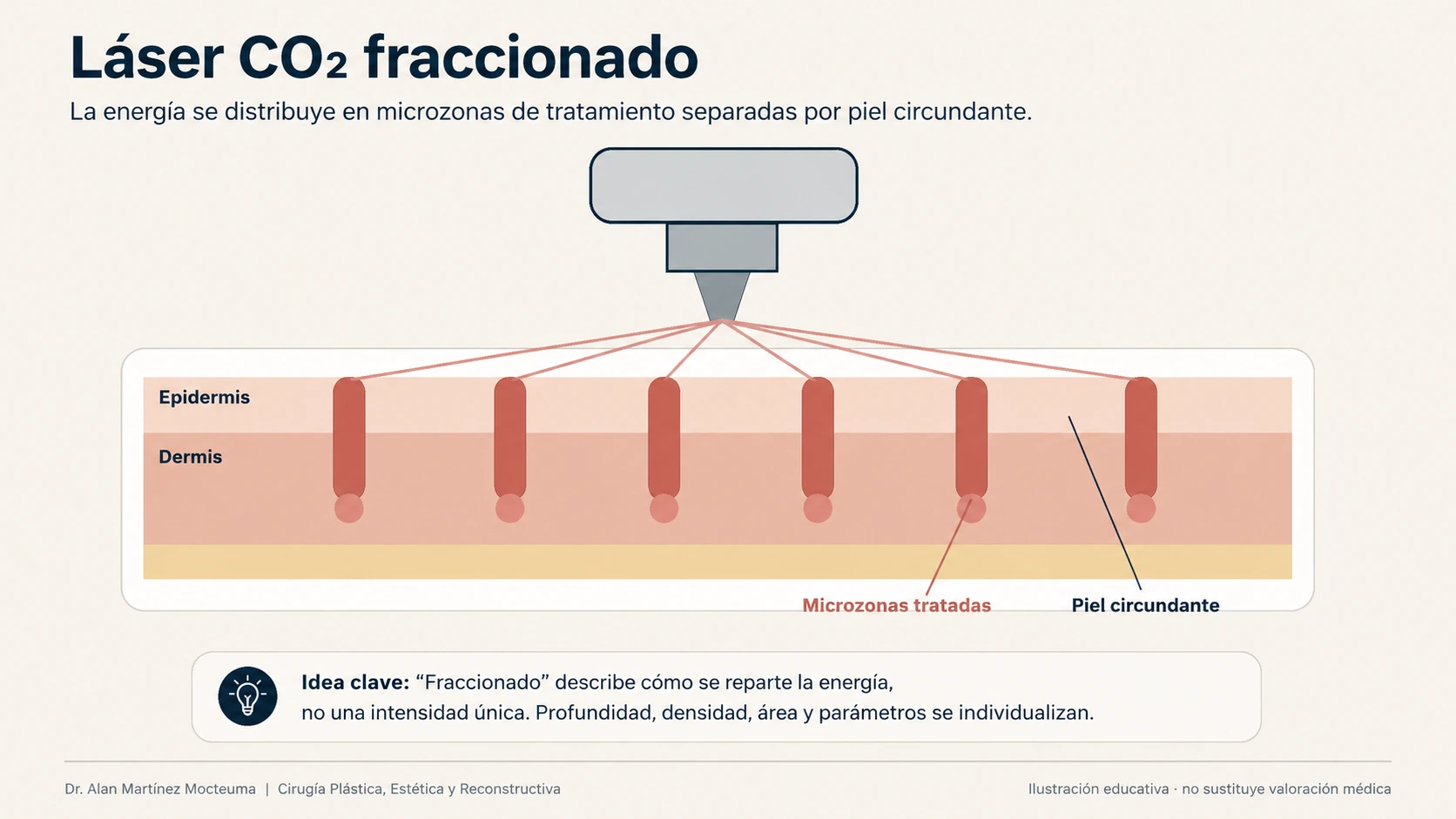 Ilustración del Láser CO₂ fraccionado creando microzonas de tratamiento separadas por piel circundante