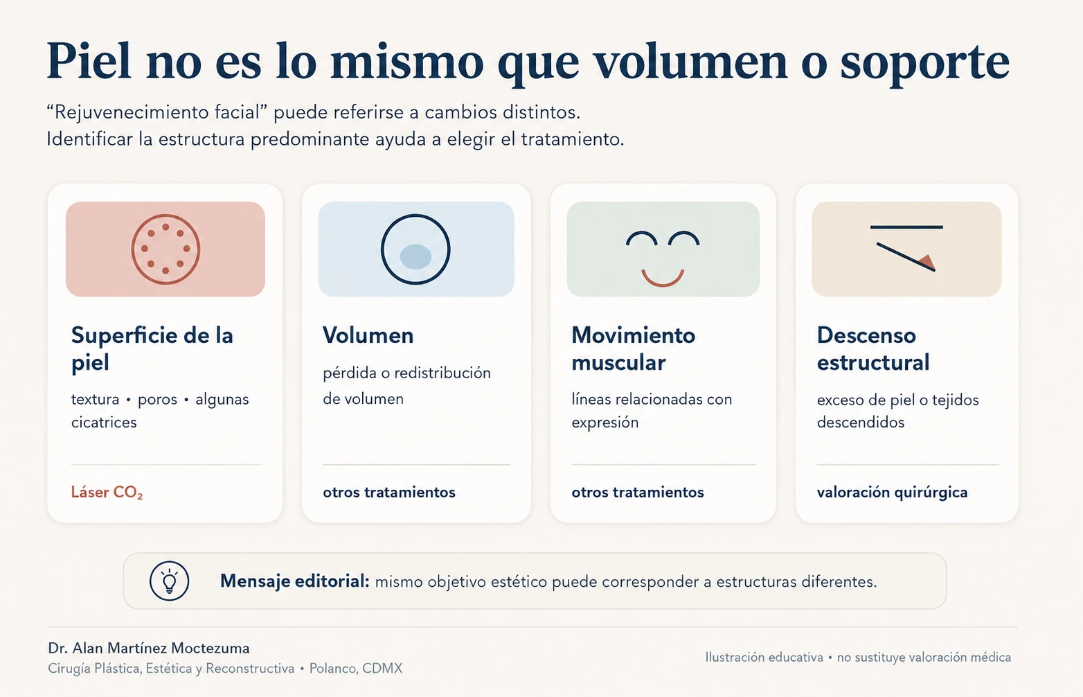 Diagrama que diferencia cambios de la piel, volumen facial, movimiento muscular y descenso estructural